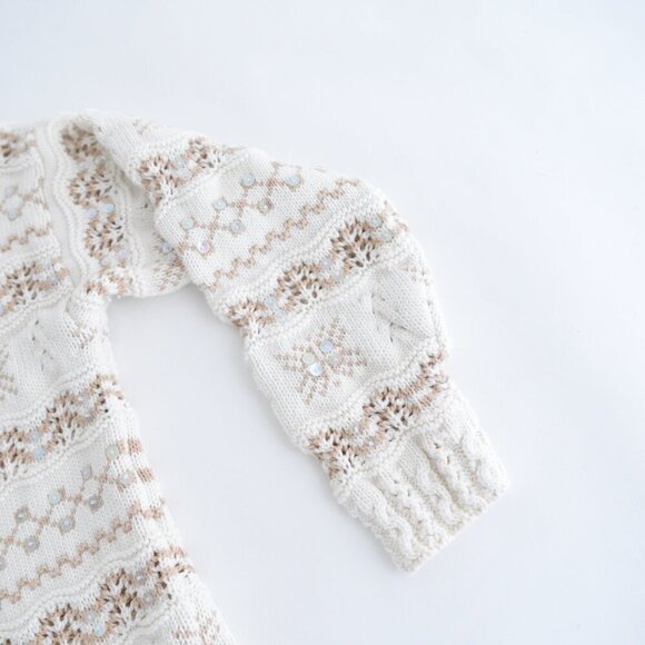 Vintage Liz Sport Cream w Tan Snowflakes Knit Beaded Crewneck Sweater M - Picture 5 of 12